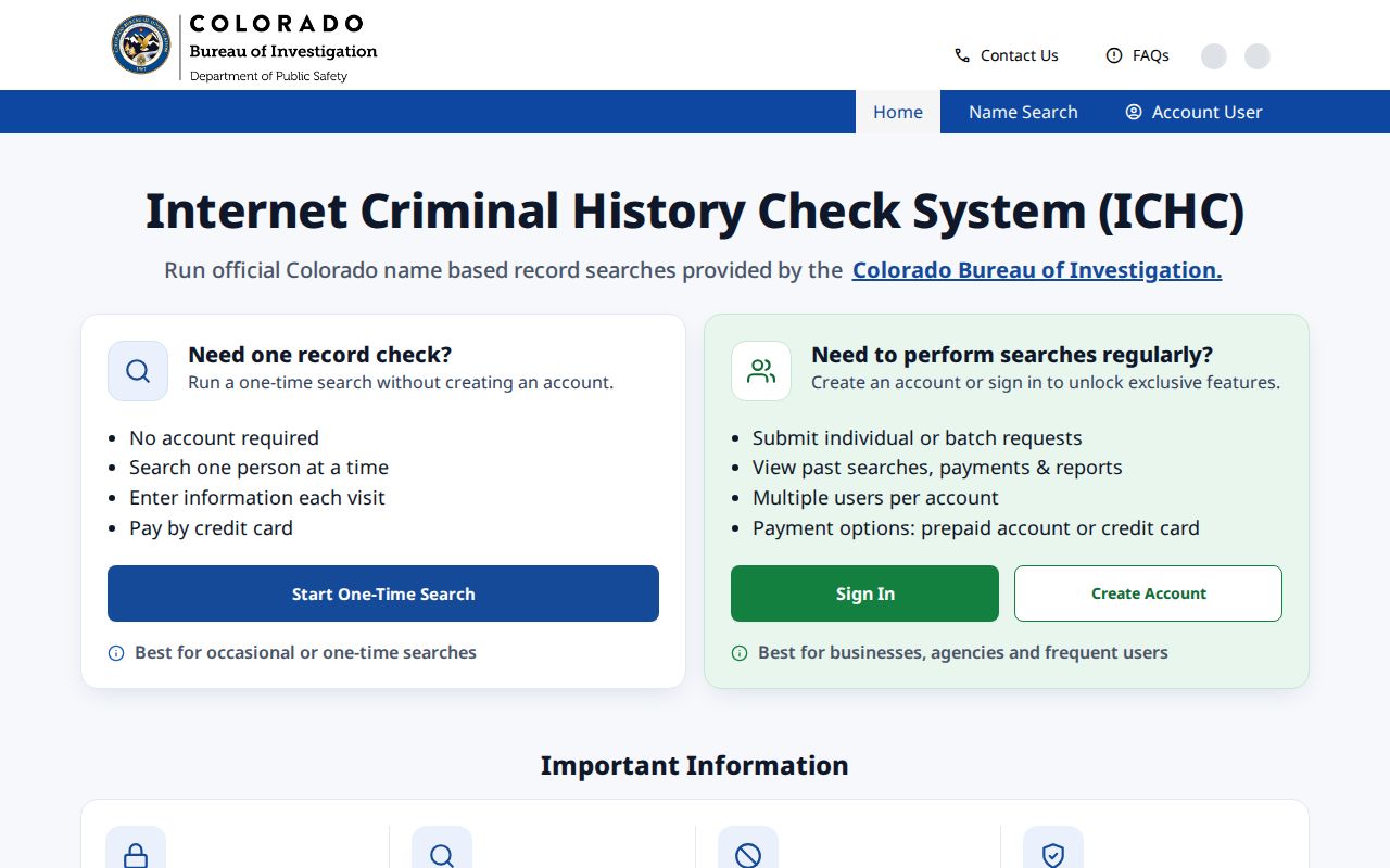 Colorado name-based criminal history search interface