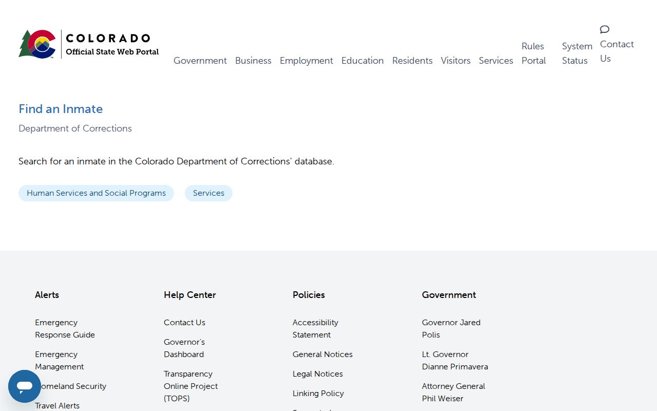 Colorado state inmate locator entry page